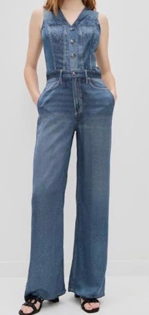 Rag & Bone Sleeveless Denim Jumpsuit Button Front Wide Leg Blue - XS